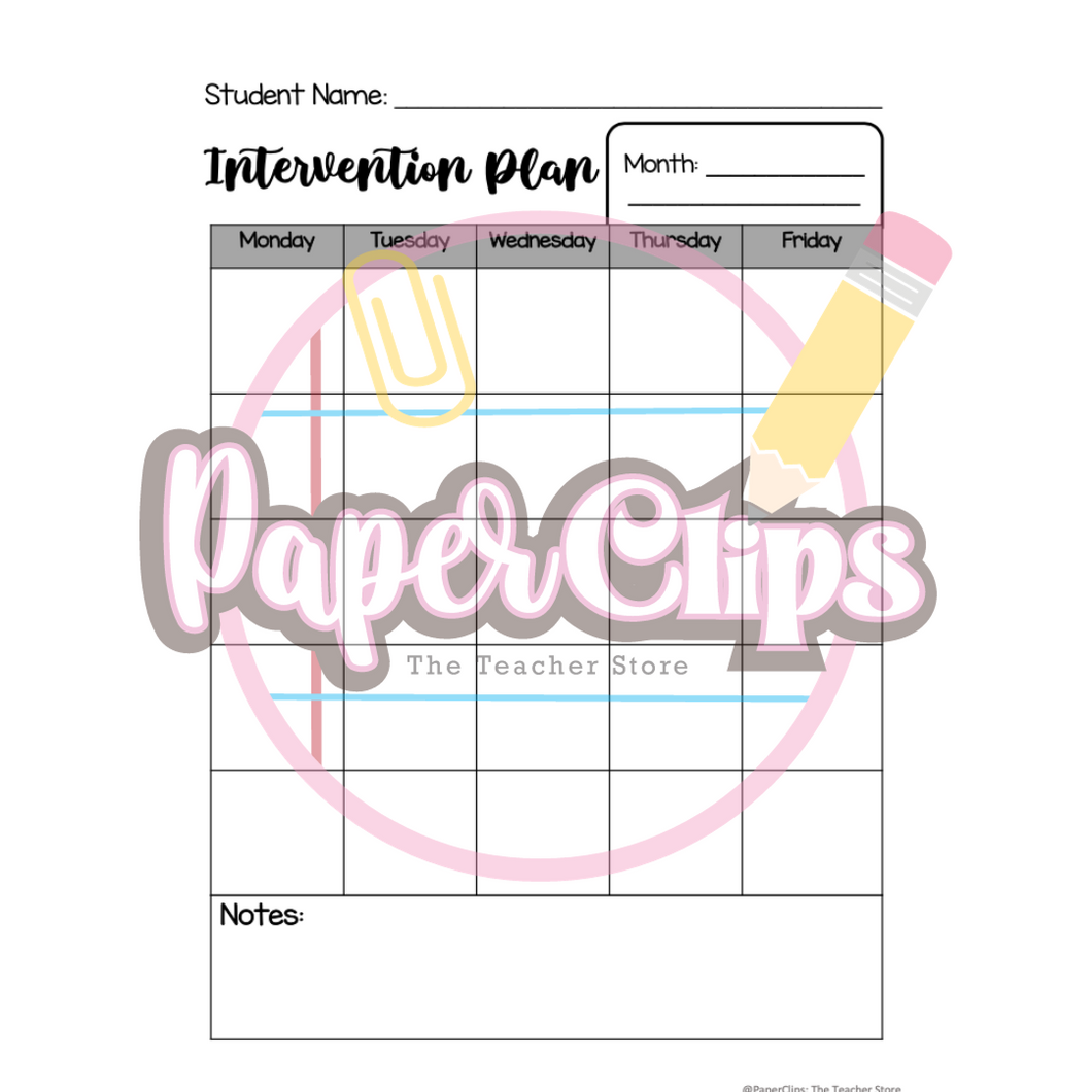 Weekly Intervention Documentation: Teacher Store