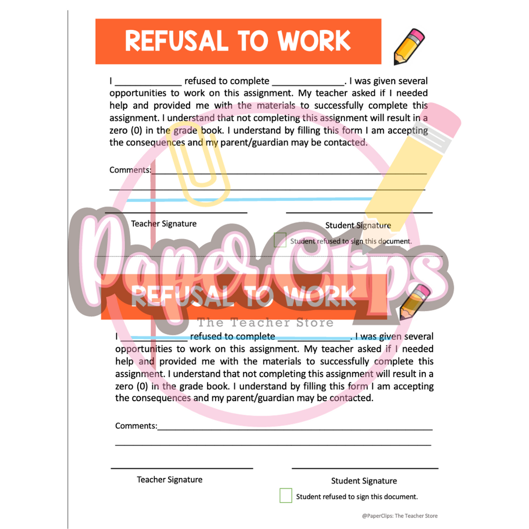 Refusal to Work Documentation: Teacher Store