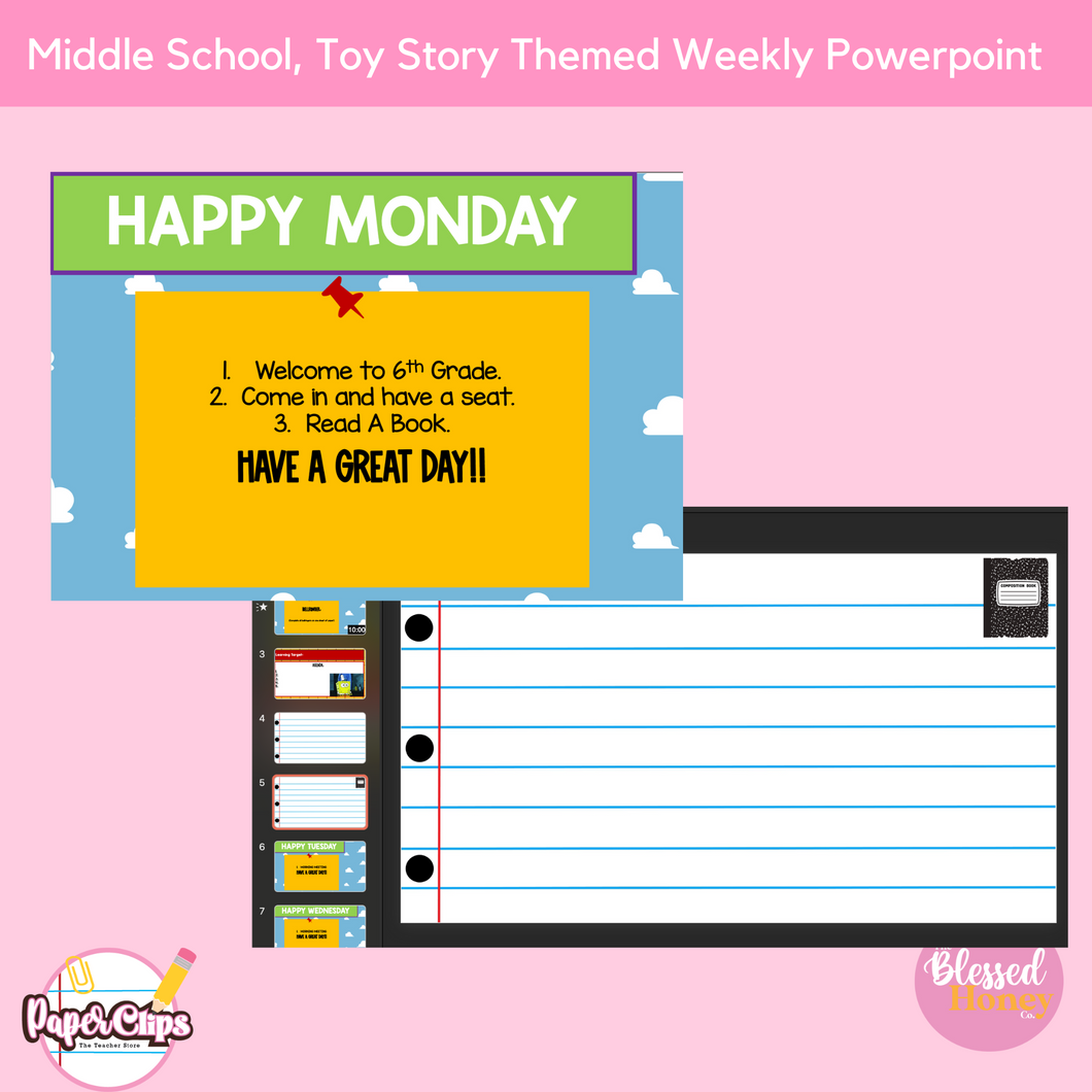 Middle School Toy Story Themed Editable Weekly PowerPoint, Teacher PowerPoint