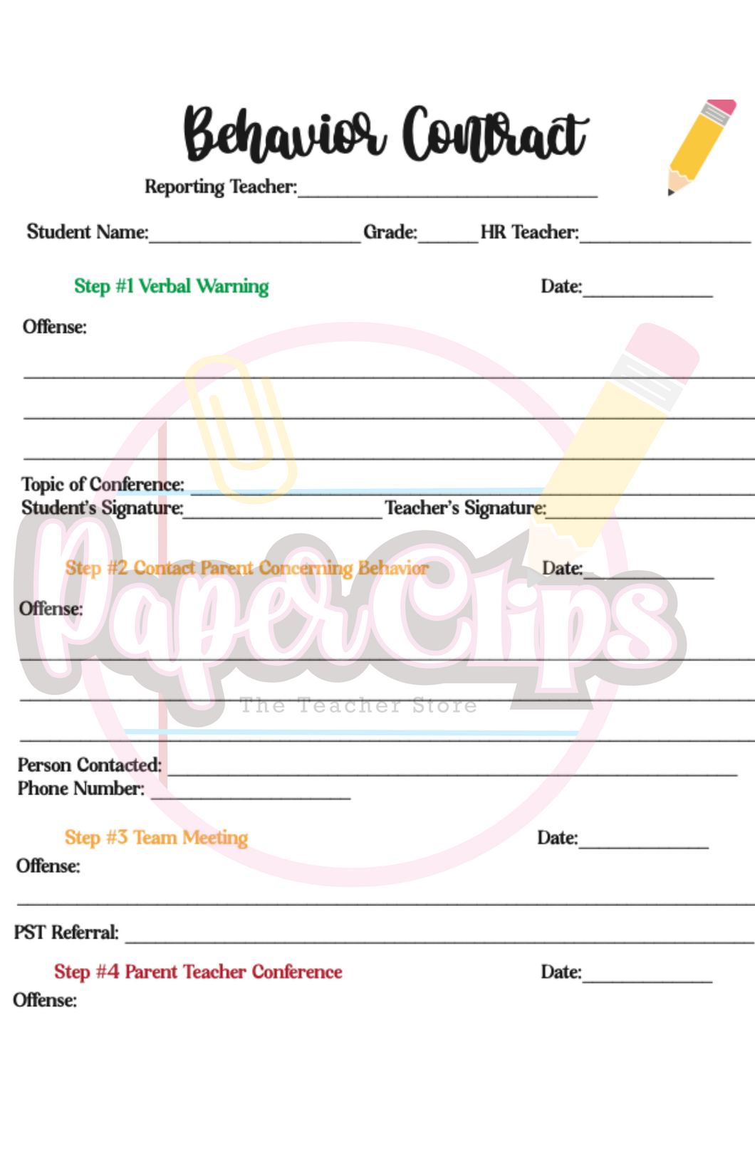Middle School, High School Behavior Contract, Behavior Log, Teacher Log