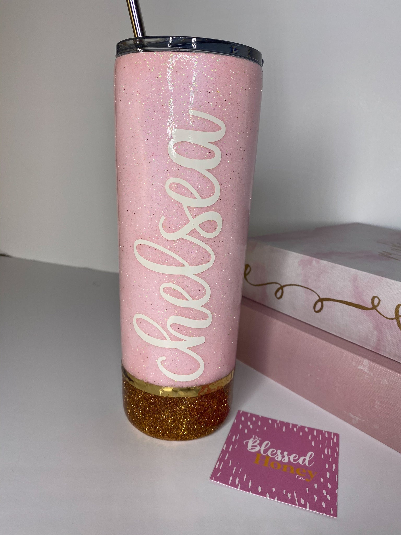 Pink & Gold Glitter Tumbler, 30 oz Skinny Tumbler with Straw, Personal –  The Blessed Honey Co.