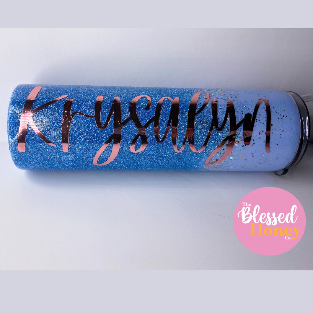 Frozen Inspired Glitter Tumbler, 20 oz Skinny Tumbler with Straw, Personalized Tumbler, Hot Drink, Cold Drink Tumbler