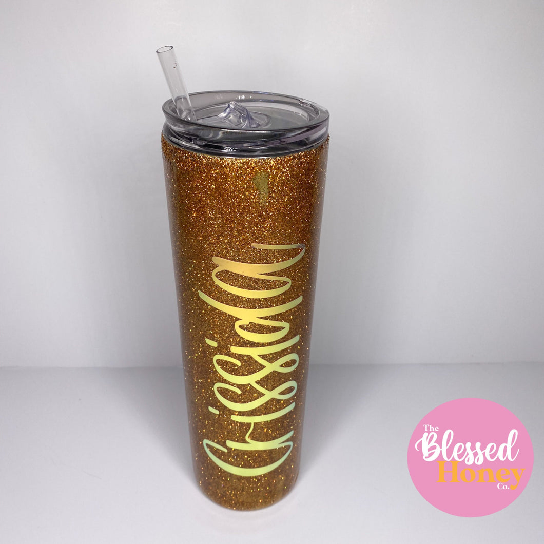 Gold Glitter Tumbler, 20 oz Skinny Tumbler with Straw, Personalized Tumbler, Hot Drink, Cold Drink Tumbler