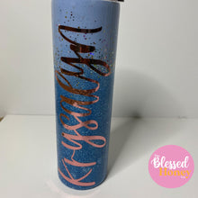 Load image into Gallery viewer, Frozen Inspired Glitter Tumbler, 20 oz Skinny Tumbler with Straw, Personalized Tumbler, Hot Drink, Cold Drink Tumbler
