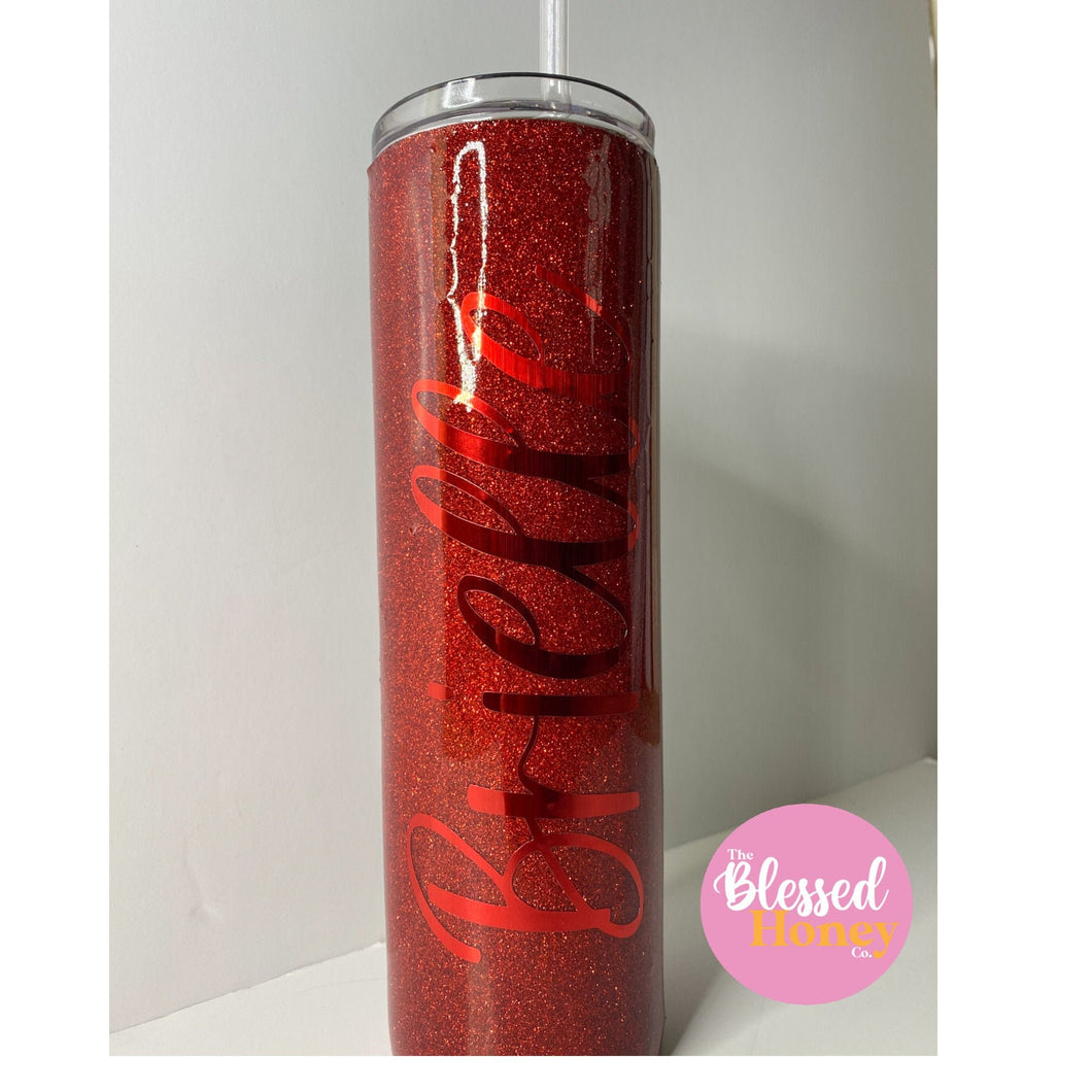 Red Glitter Tumbler, 20 oz Skinny Tumbler with Straw, Personalized Tumbler, Hot Drink, Cold Drink Tumbler